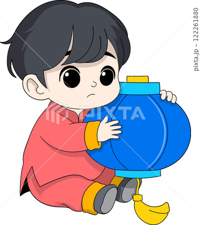 Adorable Boy Holding Blue Lantern Illustration for Chinese New Year Celebration Adorable Boy Holding Blue Lantern Illustration for Chinese New Year Celebration 122261880