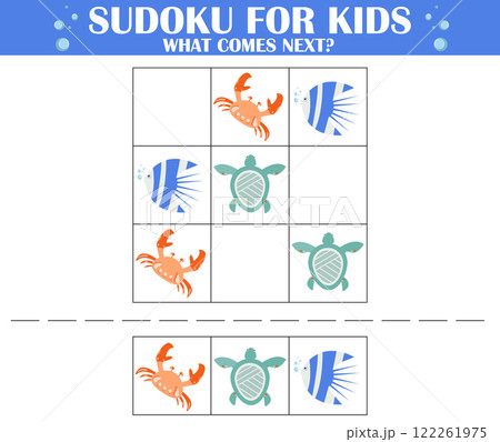 Sudoku for kids. Game for kids worksheet. Ocean animals theme. Find the right next image. Children riddle entertainment. What comes next activity page. 122261975