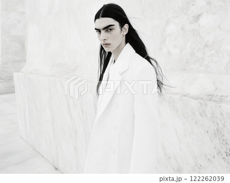 AI生成画像　西洋人の黒髪ロングヘアの男性のファッションポートレート 122262039
