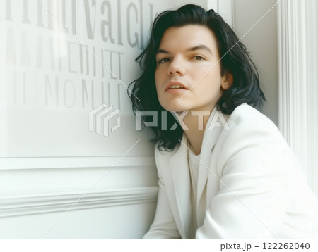 AI生成画像　西洋人の黒髪ロングヘアの男性のファッションポートレート 122262040