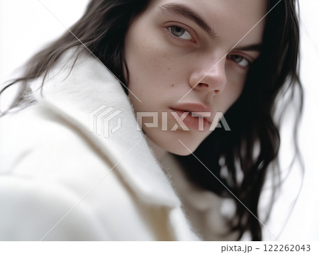 AI生成画像　西洋人の黒髪ロングヘアの男性のファッションポートレート 122262043