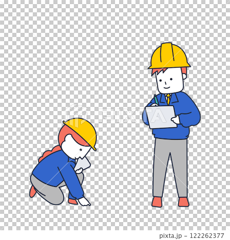 Two workers carrying out surveys, inspections and checks with tablets 122262377