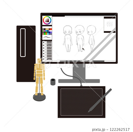 デスクトップPCとペンタブ（板タブ）でイラストや漫画を描くイメージイラスト 122262517