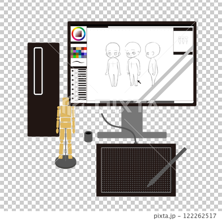 An image of drawing illustrations and manga with a desktop PC and a pen tablet 122262517