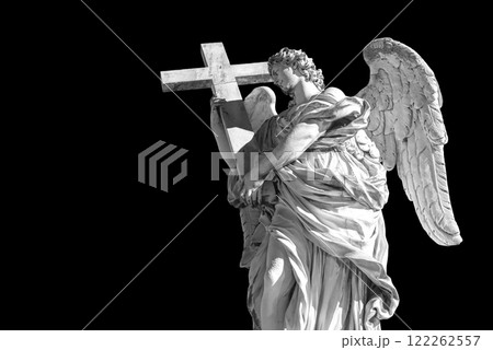 Statues on the bridge in Rome. Black and white photo 122262557