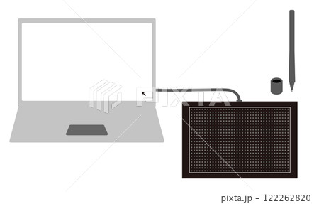 ノートパソコンとペンタブ（板タブ）でイラストや漫画を描くイメージイラスト 122262820