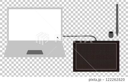 ノートパソコンとペンタブ（板タブ）でイラストや漫画を描くイメージイラスト 122262820
