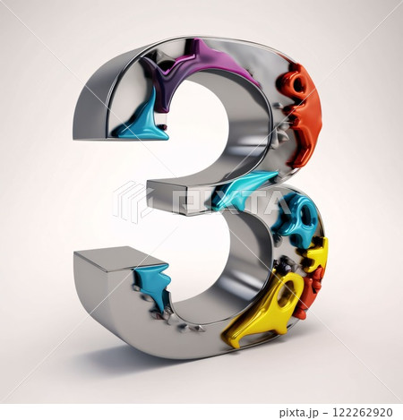 Metal number 3 with colorful drops isolated on white background. 3d rendered illustration. Metal number 3 with colorful drops isolated on white background. 3d rendered illustration. 122262920