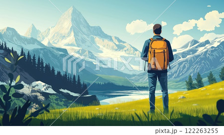 A traveler with a backpack standing in front of scenic mountain landscape 122263255