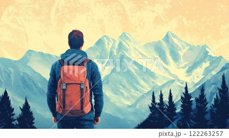Traveler with backpack looking at mountain landscape in abstract artistic style 122263257