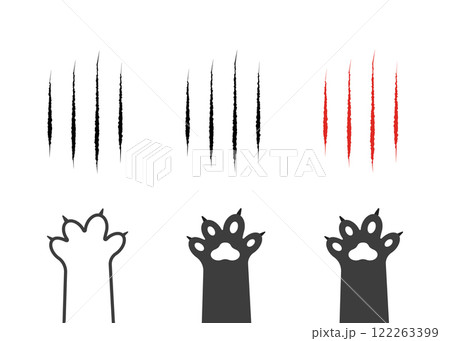 Cat scratch. Set of claws scratches, pets or wild animal nails rip isolated on white background. Lion or tiger flat scratch marks. Black cat foot print. Vector illustration 122263399
