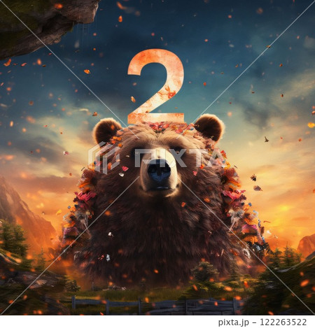3D illustration of a bear with the number 2 in the forest. 3D illustration of a bear with the number 2 in the forest. 122263522