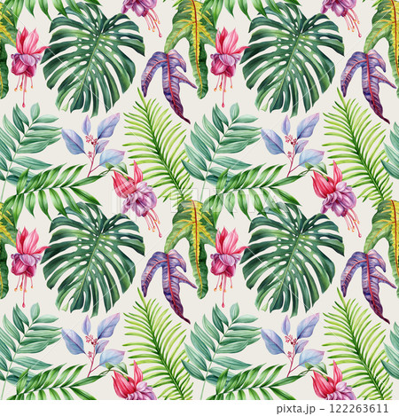 Vibrant seamless tropical pattern flowers and leaves, hand painted exotic watercolor botanical design fabric, wallpaper Vibrant seamless tropical pattern flowers and leaves, hand painted exotic watercolor botanical design fabric, wallpaper 122263611