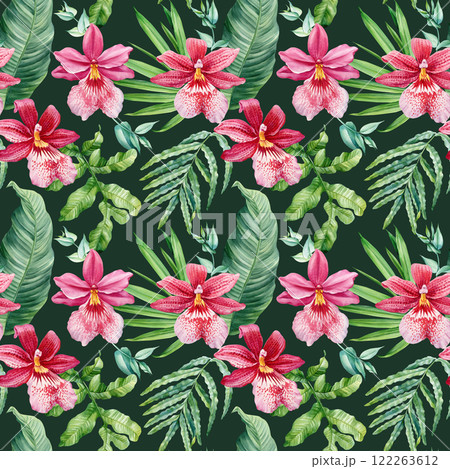 Hand painted seamless pattern. exotic orchid, tropical foliage watercolor botanical floral design print decor background 122263612
