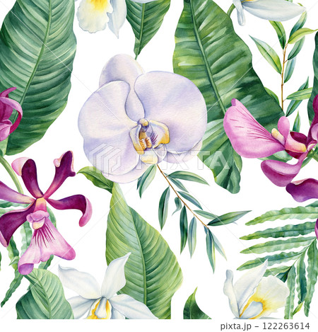 seamless floral pattern orchid flower tropical greenery watercolor exotic botanical design textiles wrapping paper print seamless floral pattern orchid flower tropical greenery watercolor exotic botanical design textiles wrapping paper print 122263614