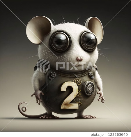 Cute little white mouse wearing a helmet with numbers 2 on a gray background Cute little white mouse wearing a helmet with numbers 2 on a gray background 122263640