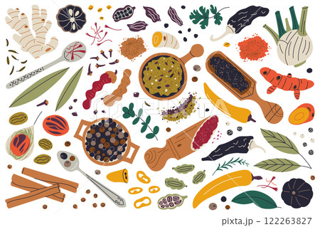 Vibrant spices vector illustrations set, various herbs, seeds, and seasonings like turmeric, ginger, cinnamon in wooden spoons and bowls. Doodle collection for culinary, cooking, and food themes 122263827