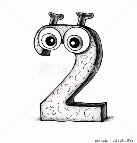Number 2 with eyes and mouth isolated on white background, hand drawn illustration 122263952