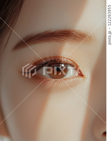 若いアジア人女性の目元のクローズアップ。目・まつ毛・眉毛の美しいメイクをしている美容撮影。縦型。 122263955