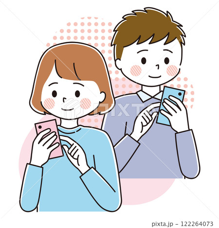 スマホをタップする背中合わせの男女のイラストセット　カラフル　カラフル　背景つき 122264073