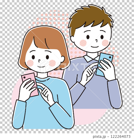 スマホをタップする背中合わせの男女のイラストセット　カラフル　カラフル　背景つき 122264073