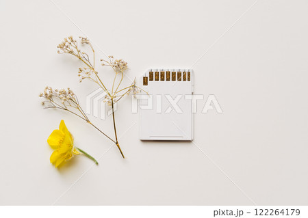 White memory card on white background with filed flowers. Eco friendly sustainable technology 122264179