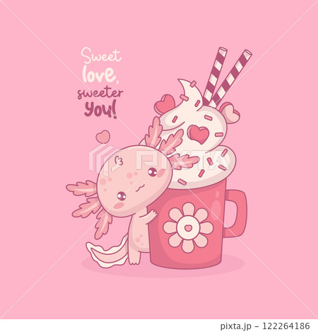 Cute pink Axolotl Hugging Mug Sweet Dessert with whipped cream, sprinkles, hearts. Funny little cartoon kawaii character. Vector illustration. Romantic cool valentine card. Cute pink Axolotl Hugging Mug Sweet Dessert with whipped cream, sprinkles, hearts. Funny little cartoon kawaii character. Vector illustration. Romantic cool valentine card. 122264186
