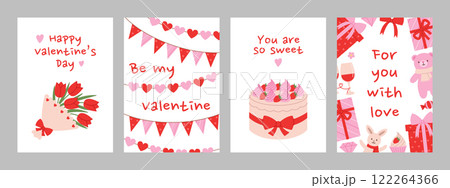 Happy Valentines Day vertical greeting cards set with bouquet of flowers, garlands, cake, gift boxes and soft toys. Romantic collection. Cute holiday banner, invitation templates. Vector illustration 122264366
