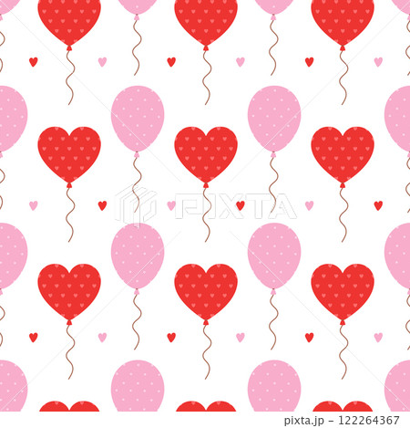 Seamless pattern with romantic balloons on white background. Pink and red heart shape balloons for Valentines day, birthday, anniversary. Vector flat illustration for wallpaper, textile, packaging 122264367
