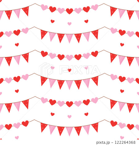 Seamless pattern with romantic garlands on white background. Pink and red triangle and heart shape flags for Valentines day, birthday. Vector flat illustration for wallpaper, textile, packaging 122264368