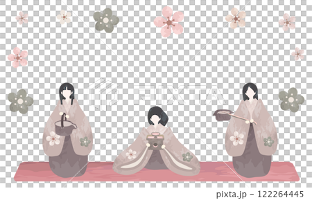 Watercolor illustration of three court ladies and peach blossom frame (Hinamatsuri illustration material) 122264445