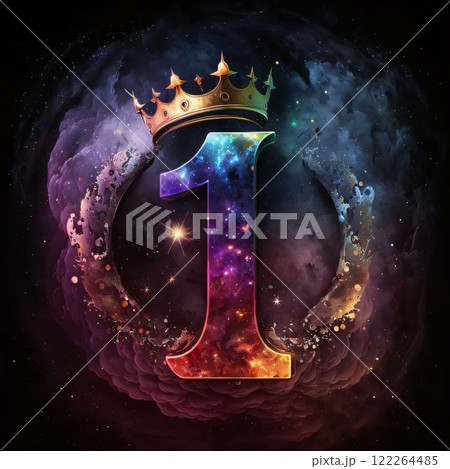 Number one with crown on colorful cosmic background. 3D illustration. 122264485