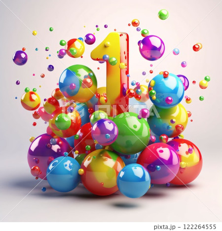 Number one with colorful balloons on white background. 3D illustration. Number one with colorful balloons on white background. 3D illustration. 122264555