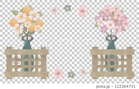 水彩櫻花和橘裝飾和桃花框(女兒節材料) 水彩櫻花和橘裝飾和桃花框(女兒節材料) 122264731