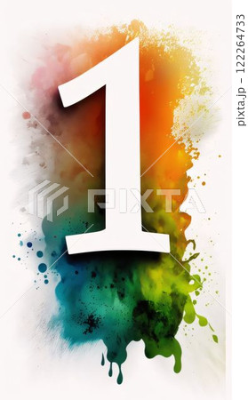 Number one on abstract colorful watercolor splash background. Digital illustration. 122264733