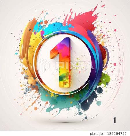 Colorful watercolor splash with number one on white background. Vector illustration. 122264735