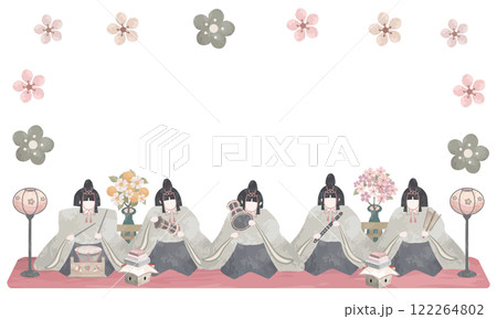 水彩で描いた五人囃子と桃の花のフレーム（ひな祭りのイラスト素材） 122264802