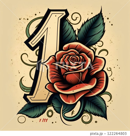 Number one with rose flower and leaves in vintage style. Vector illustration. Number one with rose flower and leaves in vintage style. Vector illustration. 122264803