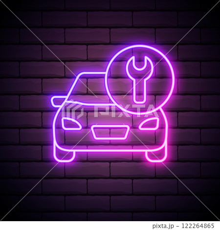 Car repair neon light sign vector. Car repair and wrench icon isolated on brick wall background Car repair neon light sign vector. Car repair and wrench icon isolated on brick wall background 122264865
