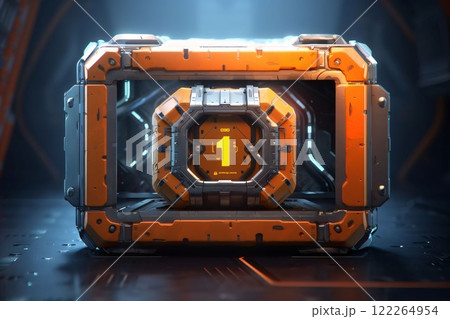 3D rendering of an orange futuristic robot with a number one sign 122264954