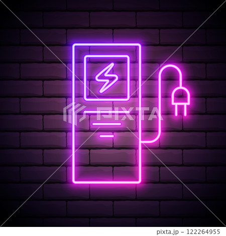 Electric car charging station sign. Pink neon icon in the dark brick background. Blurred lightening. Illustration. Electric car charging station sign. Pink neon icon in the dark brick background. Blurred lightening. Illustration. 122264955