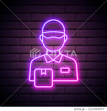 Glowing neon Delivery man with cardboard boxes icon isolated on brick wall background. Door to door delivery by courier. Vector Illustration Glowing neon Delivery man with cardboard boxes icon isolated on brick wall background. Door to door delivery by courier. Vector Illustration 122264957