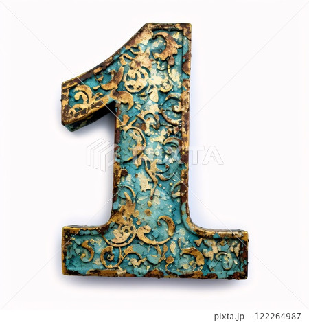 Metal number 1 with floral pattern on white background. 3d rendering 122264987