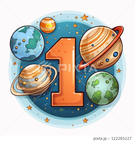 Number one with planets and stars on the background. Vector illustration. 122265227