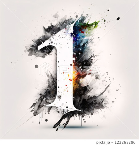 Number one painted in watercolor paint splashes. Vector illustration. 122265286