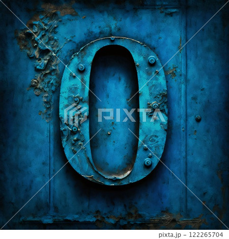 3d render of old metal letter 0 on a blue background. 122265704