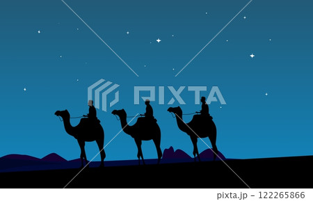Silhouette of three camels with riders walking in the desert under a starry night sky. Perfect for travel, adventure, nomadic lifestyle, and cultural themes 122265866