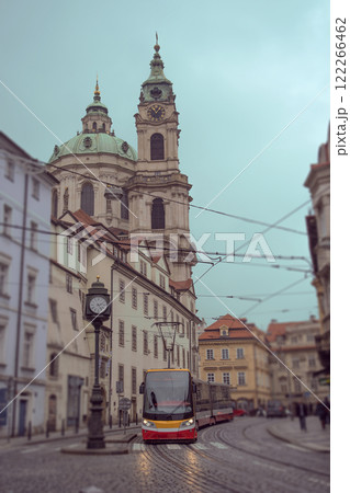 Twilight in winter Prague. City tram Twilight in winter Prague. City tram 122266462