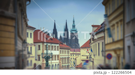 St. Vitus Cathedral in mystical Prague in foggy weather. St. Vitus Cathedral in mystical Prague in foggy weather. 122266504