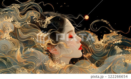 Mythical creatures. Japan myth. portrait of Amaterasu Omikami, the compassionate goddess of the sun, , art nouveau 2d style image, golden colors 122266654